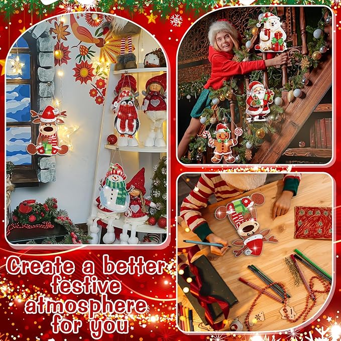 Pickmesh 6 Pcs Christmas Diamond Painting Hanging Sign Set Santa Snowman Gingerbread Man Diamond Art Kits 5D DIY Christmas Ornaments Kits for Winter Wall Door Window Decor