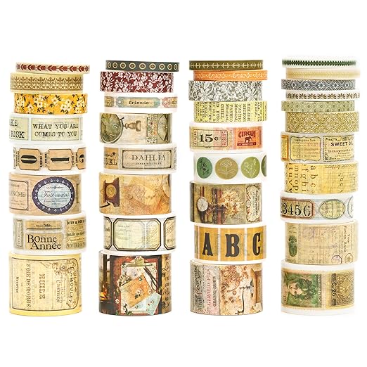 36 Rolls Vintage Washi Tape Pack Retro Arts Adhesive Tapes Wide Chronicle Decorative Masking Tape Sets for Craft, Kids, Scrapbook, DIY, Gift Wrapping (Sophia's Letters)