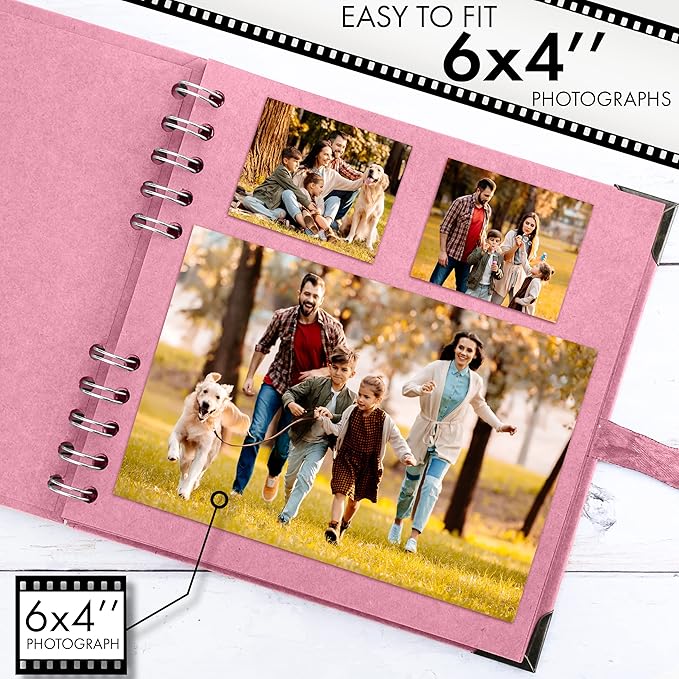 Bstorify Square Scrapbook Photo Albums 7 x 7 Inch Pink Thick Paper, Hardcover, Metal Corners, Ribbon Closure - Ideal for Your Scrapbooking Albums, Art & Craft Projects