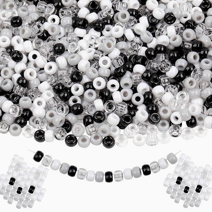 Black White Pony Beads 1000 Pcs Beads for Jewelry Making Plastic Clear Beads for Bracelet 6x9mm Transparent Beads for Hair Braiding Friendship Bracelets(Black White Gray Transparent)