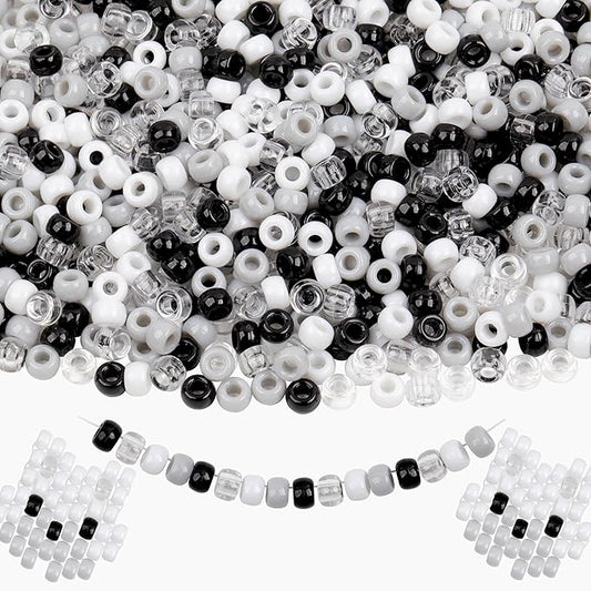 Black White Pony Beads 1000 Pcs Beads for Jewelry Making Plastic Clear Beads for Bracelet 6x9mm Transparent Beads for Hair Braiding Friendship Bracelets(Black White Gray Transparent)