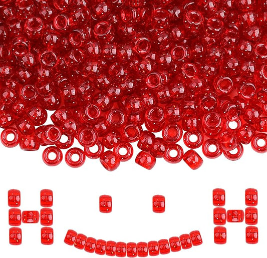 Plastic Pony Beads, 1000 Pcs, 6x9mm, for Bracelet, Hair Braiding, Friendship Bracelets, Jewelry Making (Red Glitter)
