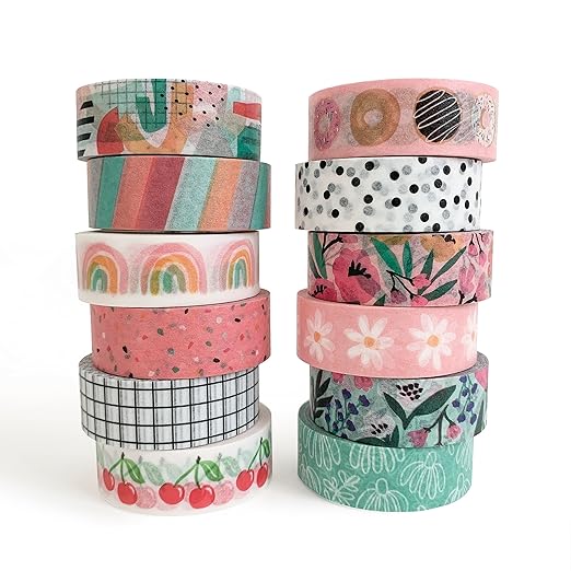 Washi Tape Set of 12 Rolls of 15 mm Wide Cute Decorative Washi Tape for Journaling, Scrapbook, Washy Crafts, Bullet Journals, Planners, DIY Décor, Craft Supplies For Adults & Kids (Retro)