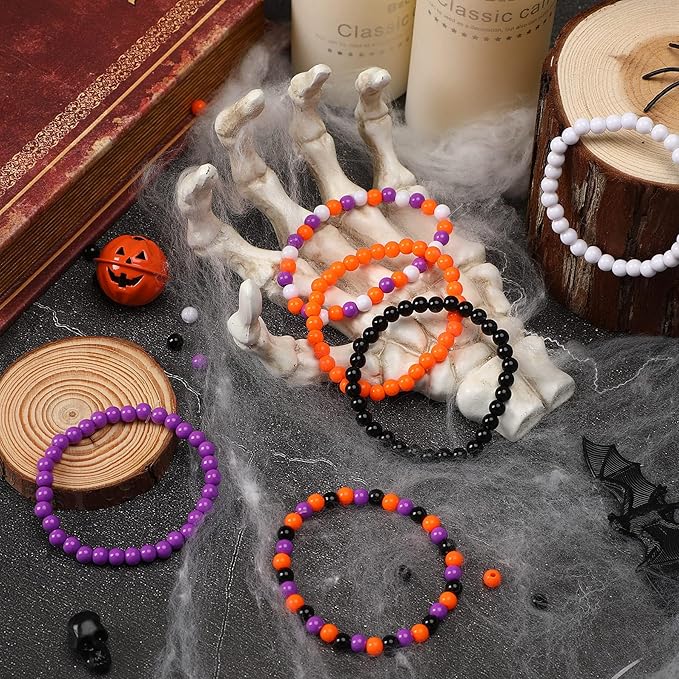 UPINS 1500 Pcs Halloween Beads for Jewelry Making Bracelets Crafts 6mm Halloween Spacer Hair Pony Beads Round Plastic Small Charms Orange Purple Black White DIY for Necklace Supplies