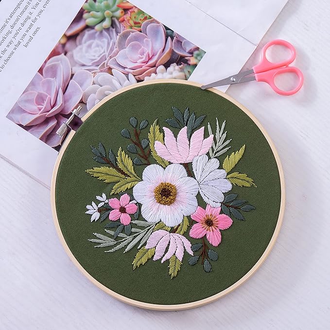 bonroy 4 sets embroidery set for beginners, art craft, easy sewing embroidery kit includes embroidered clothes with patterns, embroidery hoops, instruction manual, color stitch set (3)