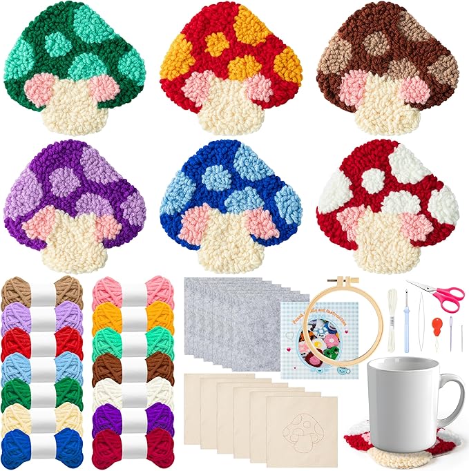 WATINC Punch Needle Coaster Kit - 22PCS Easy Art Work Decor Coasters Kits for Beginners DIY Mushroom Pattern Tufted Rug Pads with Adhesive Felt Yarns Embroidery Hoop Instruction 6 Set