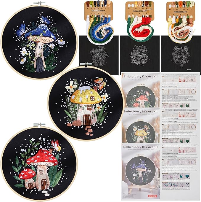 useamie 3 pack embroidery kit with botanical and floral classic prints, embroidery fabric, needle and thread, adult starter needlepoint embroidery kits