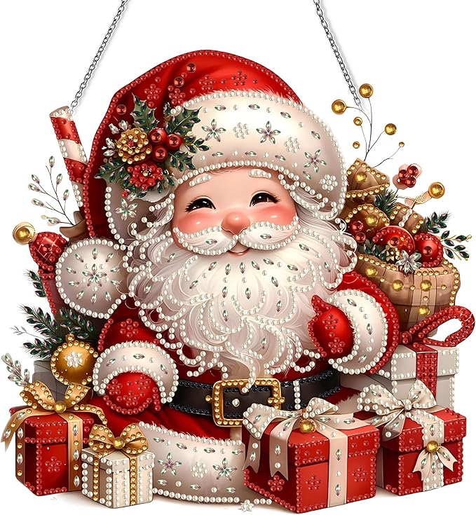 Diamond Art Hanging Kit for Adult,Special Shaped Rhinestone,DIY Acrylic Diamond Art Painting Window Pendants Home Garden Wall Hanging Kits Hanging Ornament,Double Sided. (Father Christmas-1)