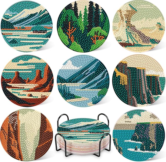 DOTZSO 8 Pcs Diamond Art Coasters Kit with Holder Diamond Art Kits for Adults Beginners Small Diamond Painting Coasters Arts and Crafts for Adults Supplies Item Sets (Landscape)