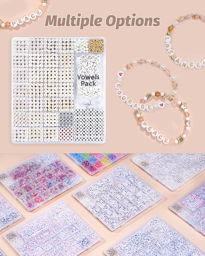 1650 Pcs Gold Letter Beads for Bracelets - Round White Alphabet Beads with Extra Vowels, Numbers & Spacers - Ideal for Friendship Bracelets, Necklaces