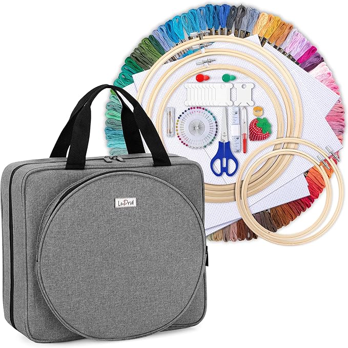 LoDrid Embroidery Kit, Embroidery Project Bag with Embroidery Kit, Portable Craft Carry Case with Starter Kit, Embroidery Supplies Storage Bag and Cross Stitch Kits for Beginners, Adults, Gray