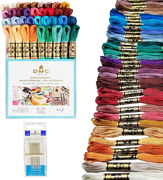 DMC Embroidery Floss, Anniversary Collection Pack. 36 Colors Cotton Embroidery Thread Bundle with Hand Embroidery Needle Size 18. Premium Cross Stitch String Set. Yarn Kit, DMC Mouline Threads.