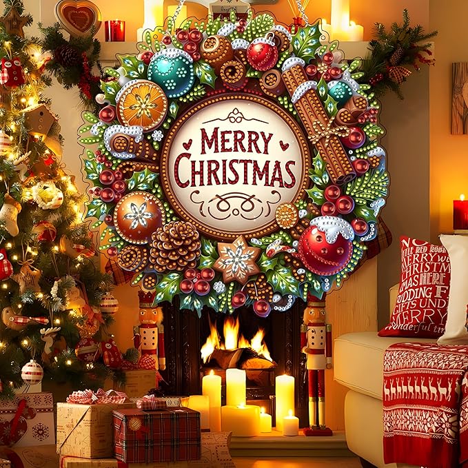 JJFox DIY Acrylic Diamond Art Painting Wreath Kits Special Shaped Rhinestone Diamond Art Window Pendants Home Garden Wall Hanging Kits Hanging Ornament (Merry Christmas)
