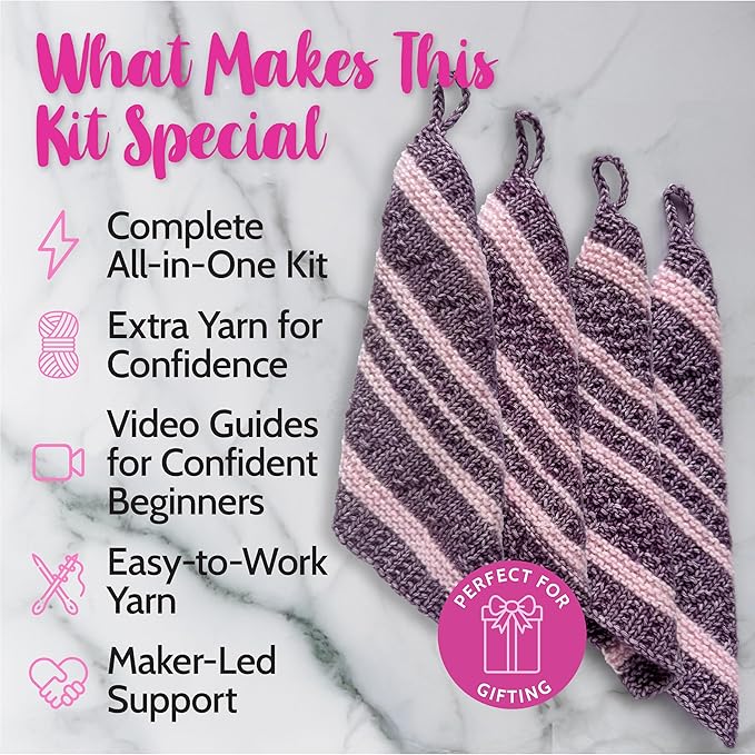 KnitPal Everyday Joy Knitting Kit – Make 4 Reusable Dishcloths for Confident Beginners – Cotton to The Core Yarn (#3 DK), Needles, Patterns & Video Tutorials (Plum Purple + Blush Pink)