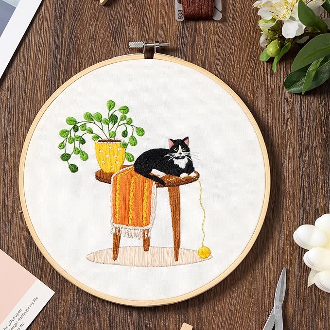 bonroy 4 sets embroidery set for beginners, art craft, easy sewing, includes embroidery clothing, pattern, embroidery hoop, instruction manual, colorful thread stitch set (cat)