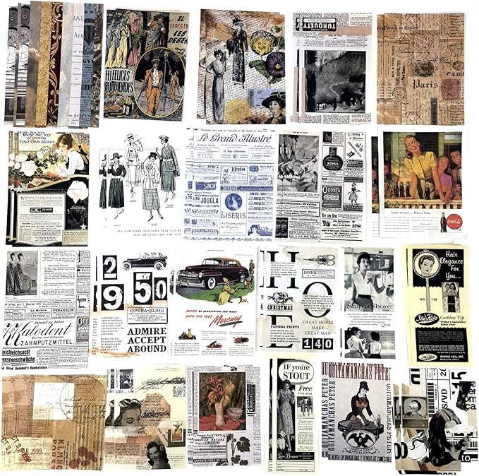 Esweny 200 Pieces Vintage Ephemera Scrapbooking Supplies Pack for Decoupage, Collage Craft, Notebooks, Album, Planners, Paper Scrapbook Stickers Kit (Retro)