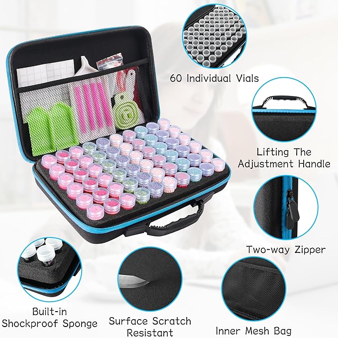 MERATIA 60 Slots Diamond Painting Storage Container, Diamond Art Kits for Adults Stackable Bead Organizer with Carrying Handle, Craft Storage Box with Accessories (Blue-60 Slots)