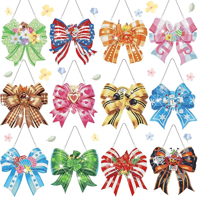 Cinnvoice 12 Pcs Seasonal Diamond Art Wreath Kits Holiday 5d DIY Diamond Art Hanging Signs Winter Spring Ornaments for Wall Door Decoration(Bow)