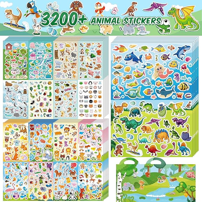 3200+pcs stickers for kids, 102 sheets cartoon animal sticker for toddlers, reward cute stickers 18 theme for school teachers students parents, scrapbook journal gifts decor