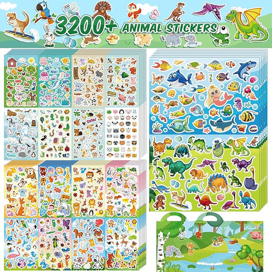 3200+pcs stickers for kids, 102 sheets cartoon animal sticker for toddlers, reward cute stickers 18 theme for school teachers students parents, scrapbook journal gifts decor