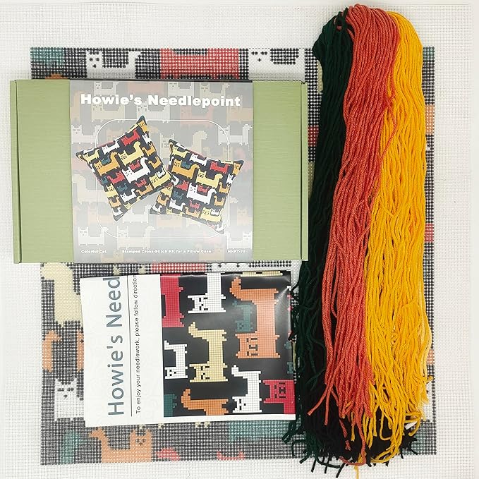Howie's Needlepoint Needlepoint Kits for Adults, Pillow Front Cross Stitch Kit with Embroidery Pattern on Canvas, Yarn, 2 Needles and Instruction, 16 x 16inch(Cat Party)