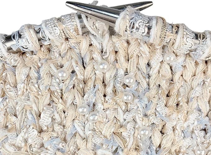Hand-Blended Multifiber Multicolored Fancy Yarn with Beads for Knitting Crocheting Crafts DIY, Set of 3 Rolls (Beige)