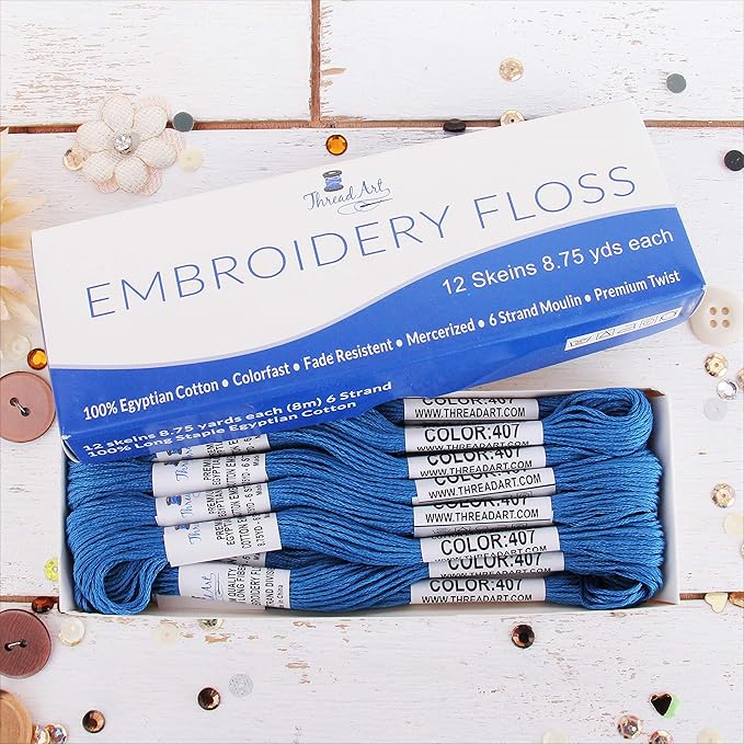 12 Skeins ThreadArt Premium Egyptian Long Fiber Cotton Embroidery Floss | Blue | 6 Strand Divisible Thread 8.75yds Each for Hand Embroidery, Friendship Bracelets, Cross Stitch and Crafts