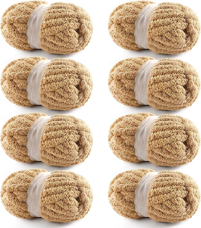 8 Pack Chunky Yarn for Hand Knitting - Chunky Chenille Blanket Yarn for Crocheting - Jumbo Fluffy Yarn for Crochet - Super Bulky Yarn 25 yds 7.7 oz Each Skein (Khaki)