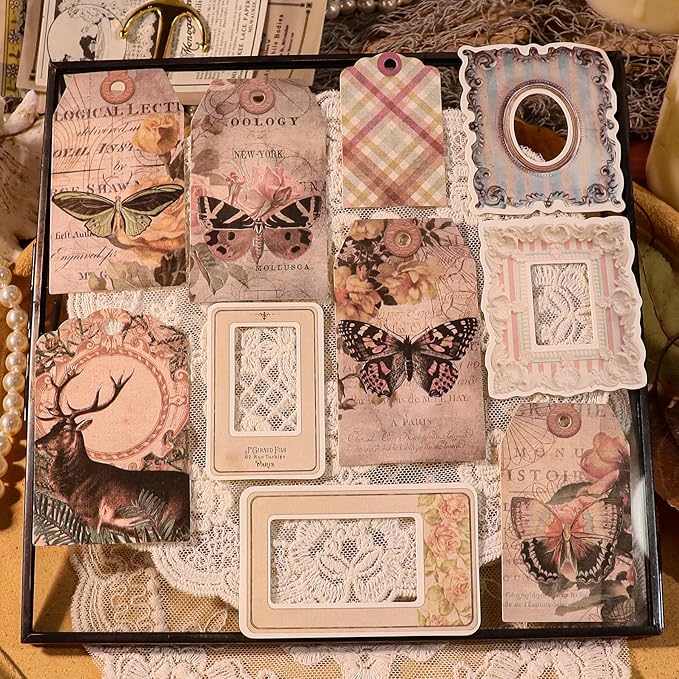 CATaireen Vintage Junk-Journal Mixed Paper Scrapbooking Embellishments Set Retro Journaling Decoupage Stickers Textured Packaging Decorative Cards Tags Kit (Old Photos 2)