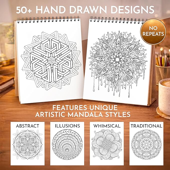 Premium Artistic Mandala Coloring Book for Adults – 50 Abstract Designs – 180gsm Thick Bleed-Proof Paper, Spiral Bound Lay-Flat, Perforated – Frameable Art, Relaxation Gifts for Women, Adult Coloring