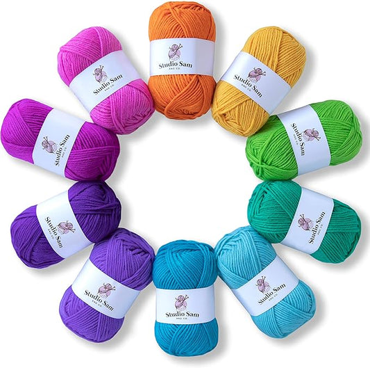 Studio Sam Acrylic Yarn Set. Ten Large 50g Skeins. Total 1030 Yards. for All Knitting, Crochet and Craft Projects. Bright and Colorful. (Confetti Collection)