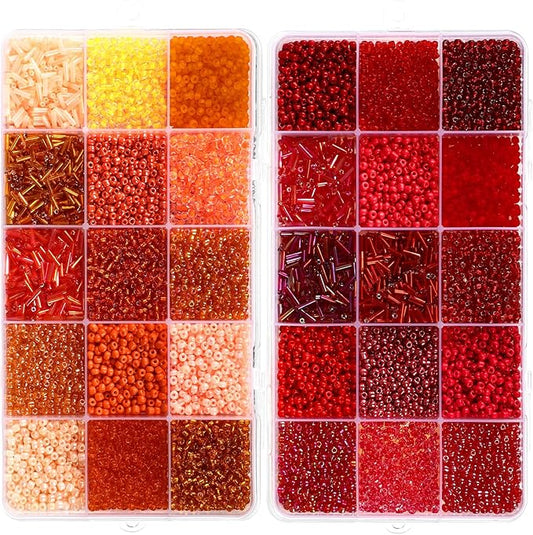 Misdary 30 Colors Glass Seed and Tube Bugle Beads Kit 2 Organizer Boxes Loose Beads for Jewelry Making DIY Crafts Bracelets and Necklaces(Red and Orange)