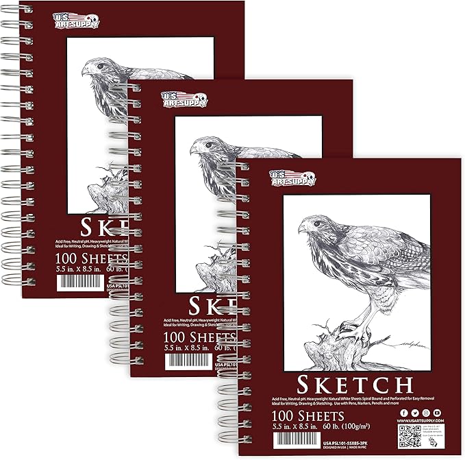 u.s. art supply 5.5"x8.5" sketch book pad, 3 pack (100 sheets each), 60lb (100gsm) spiral bound - sketching, drawing pad, acid-free paper - sketch pads for adults, students: colored pencils, charcoal
