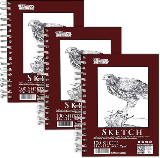 u.s. art supply 5.5"x8.5" sketch book pad, 3 pack (100 sheets each), 60lb (100gsm) spiral bound - sketching, drawing pad, acid-free paper - sketch pads for adults, students: colored pencils, charcoal