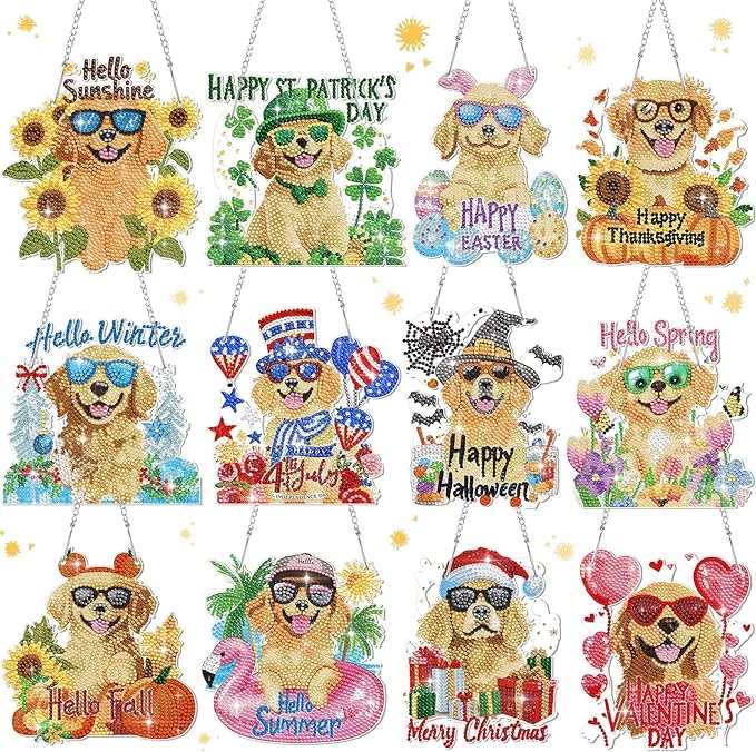 Cinnvoice 12 Pcs Seasonal Diamond Art Wreath Kits Holiday 5d DIY Diamond Art Hanging Signs Winter Spring Ornaments for Wall Door Decoration(Dog)
