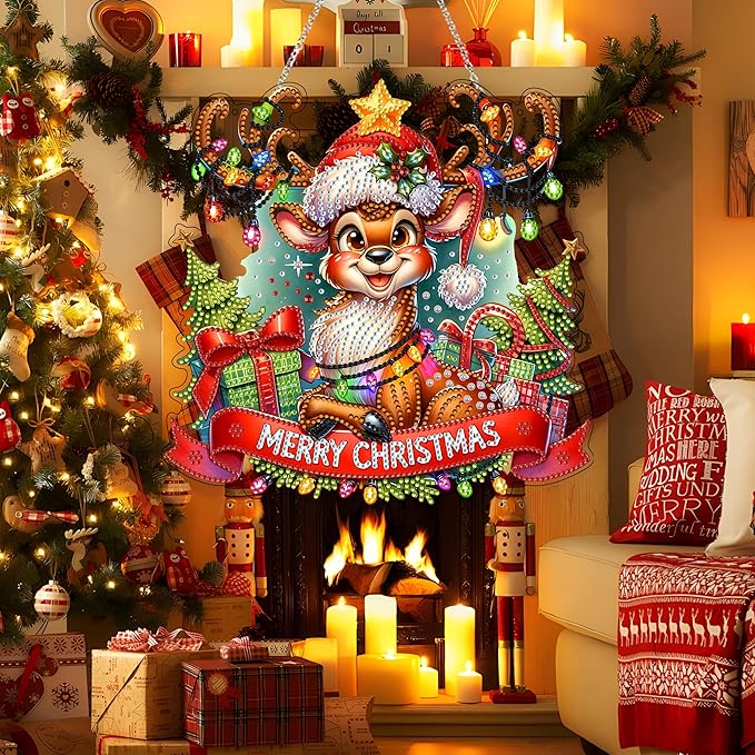 DIY Acrylic Diamond Art Painting Wreath Kits Special Shaped Rhinestone 5D Diamond Art Window Pendants Home Garden Wall Hanging Kits Hanging Ornament (Merry Christmas)