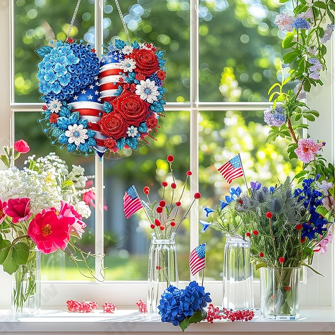 Eiflow Acrylic Diamond Art Hanging Kit for Adults 4th of July, DIY Diamonds Painting Door Hanging Board Kit, Special Crystal Diamond Art Painting Pendant Ornament (Heart)