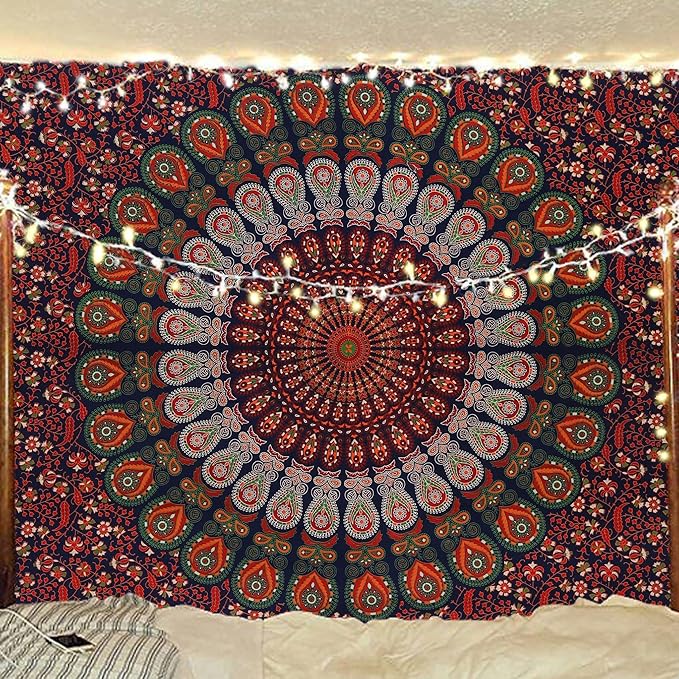 bless international handmade indian hippie bohemian psychedelic peacock mandala wall hanging college dorm beach throws table cloth bedding tapestry (golden red green, twin(54x72inches)(140x185cms))