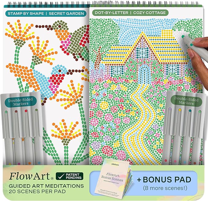 Lifelines FlowArt Activity Pads, 2-Pack & Bonus Pad - Guided Dot Art Meditations - 8 Double-Sided Markers & 48 Scenes - Dot-by-Letter & Stamp-by-Shape Coloring Books for Tweens, Adults & Seniors