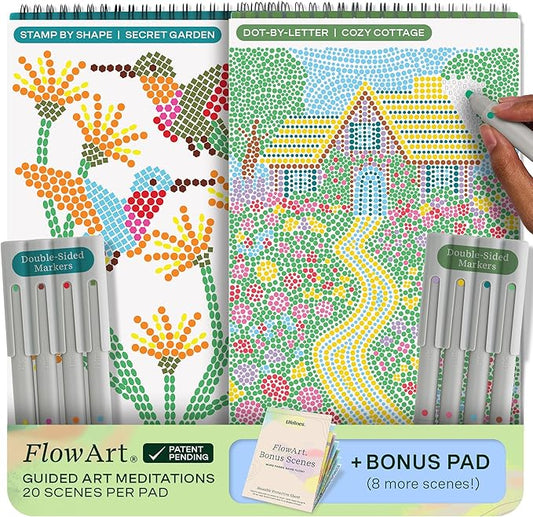 Lifelines FlowArt Activity Pads, 2-Pack & Bonus Pad - Guided Dot Art Meditations - 8 Double-Sided Markers & 48 Scenes - Dot-by-Letter & Stamp-by-Shape Coloring Books for Tweens, Adults & Seniors