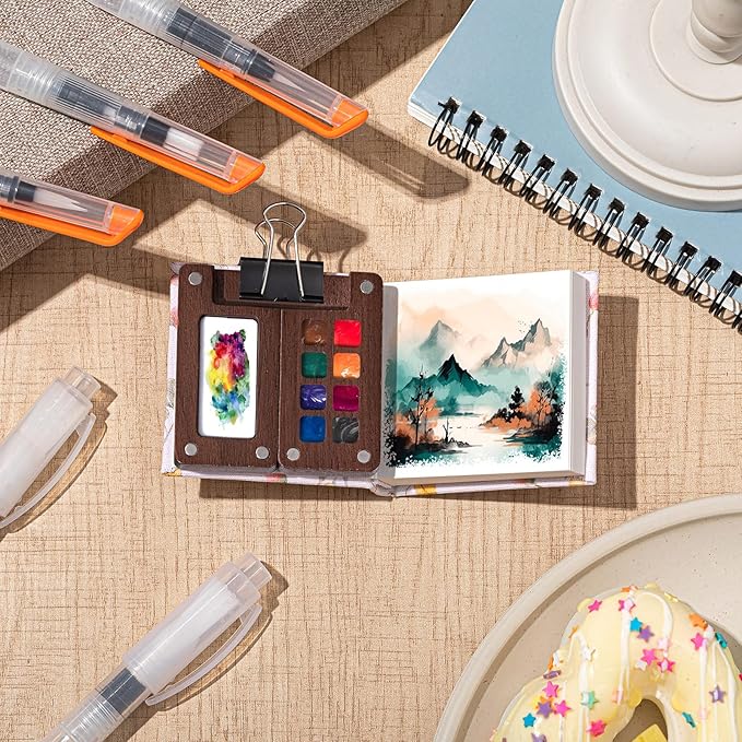 Qilery Mini Portable Watercolor Palette Set Wooden Grid Paint Box Watercolor Paper Sketch Book Brush Pens with Binder Clip for Painters Artist Not Include Paint(Rabbit)