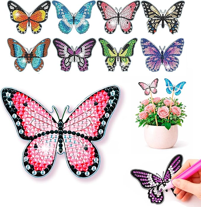 BEAUTYMEHNDI STORE 8 Pack Diamond Art Butterfly Plant Stakes – DIY Mini Diamond Painting Kit for Adults, Garden Decor, Partial Drill Jewel Art, Small Craft for Indoor & Outdoor Plants Adult