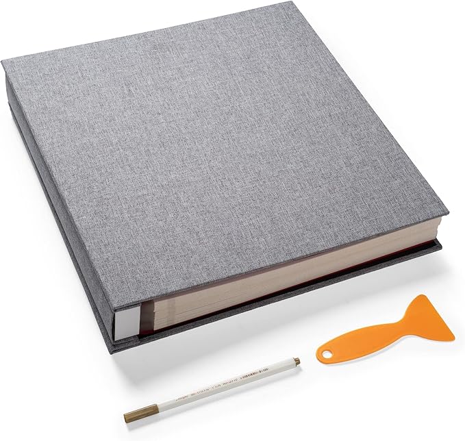 Photo Album Self Adhesive 3x5 4x6 5x7 6x8 8x10 8.5x11 11x10.6 Magnetic Scrapbook Album DIY Length 11x10.6 Inch 40 Pages Linen Cover DIY Photo Album with A Metallic Pen and and Plastic Board(Grey)