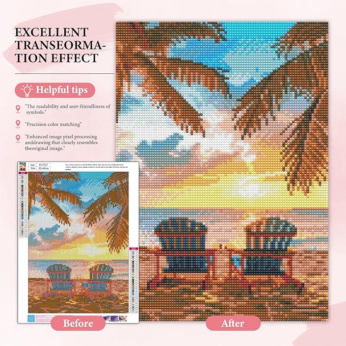 Yezavesu Beach Diamond Art Kits for Adults, Beach Diamond Painting Kit for Beginners, 5D DIY Round Full Drill Painting with Gem Art Craft Kits for Home Wall Decor 12x16 Inch