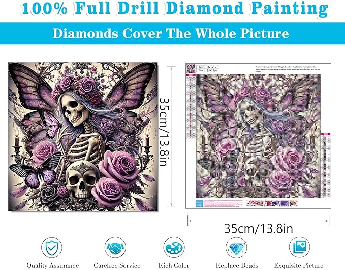 Meothan Diamond Art Kits for Adults, 5D DIY Sugar Skull Flowers Diamond Painting Kits for Beginners, Diamond Dots Gem Arts Crafts Kits for Living Room Bedroom Home Wall Decor Offices14X14 Inch