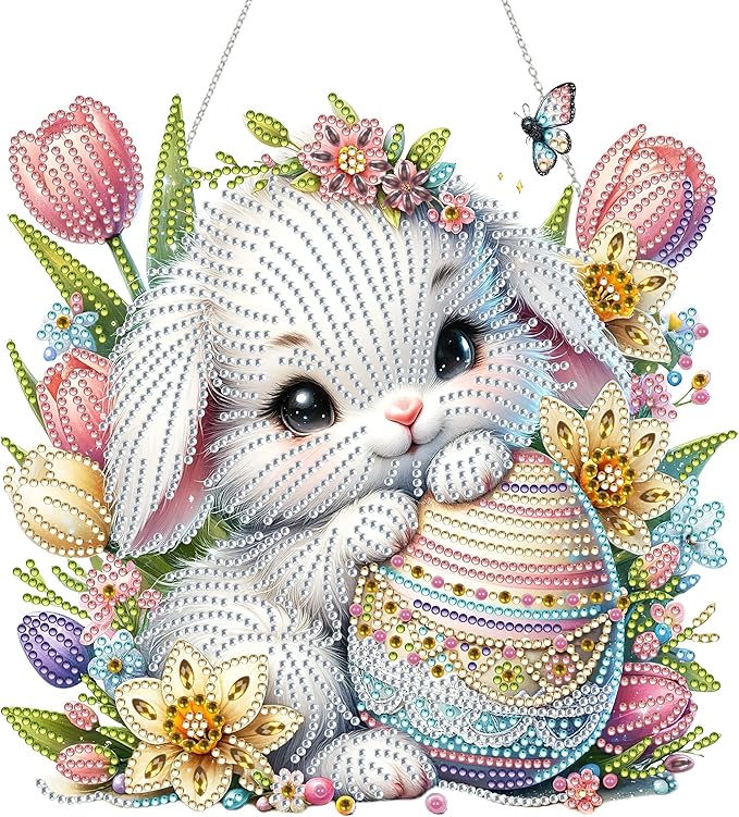 JJFox Diamond Art Hanging Kit for Adult,Special Shaped Rhinestone,DIY Acrylic Diamond Art Painting Window Pendants Home Garden Wall Hanging Kits Hanging Ornament,Double Sided (Easter Bunny)