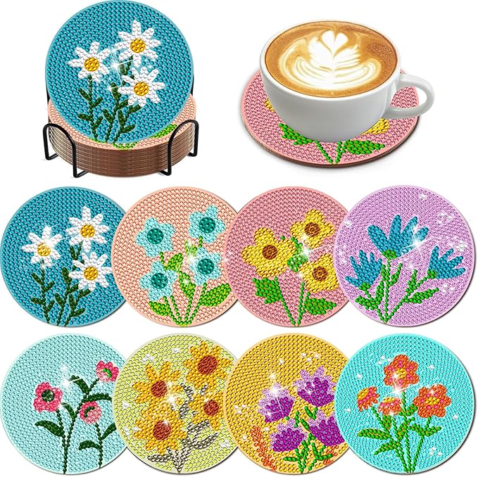 EWJRNSF 8 PCS Diamond Art Coasters Kit, Small Diamond Painting Coasters, Fall Diamond Art Kits for Adults Beginners, Arts and Crafts Supplies Item Sets with Holder
