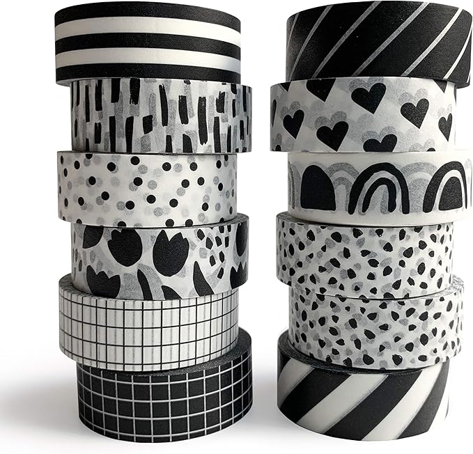 zynshe washi tape set of 12 rolls of 15 mm wide cute decorative washi tape for journaling, scrapbook, washy crafts, bullet journals, planners, diy décor, gift wrapping, craft supplies (black white)