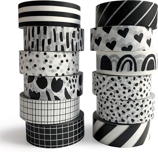 zynshe washi tape set of 12 rolls of 15 mm wide cute decorative washi tape for journaling, scrapbook, washy crafts, bullet journals, planners, diy décor, gift wrapping, craft supplies (black white)