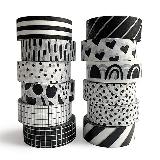 Washi Tape Set of 12 Rolls of 15 mm Wide Cute Decorative Washi Tape for Journaling, Scrapbook, Washy Crafts, Bullet Journals, Planners, DIY Décor, Craft Supplies For Adults & Kids (Black and White)